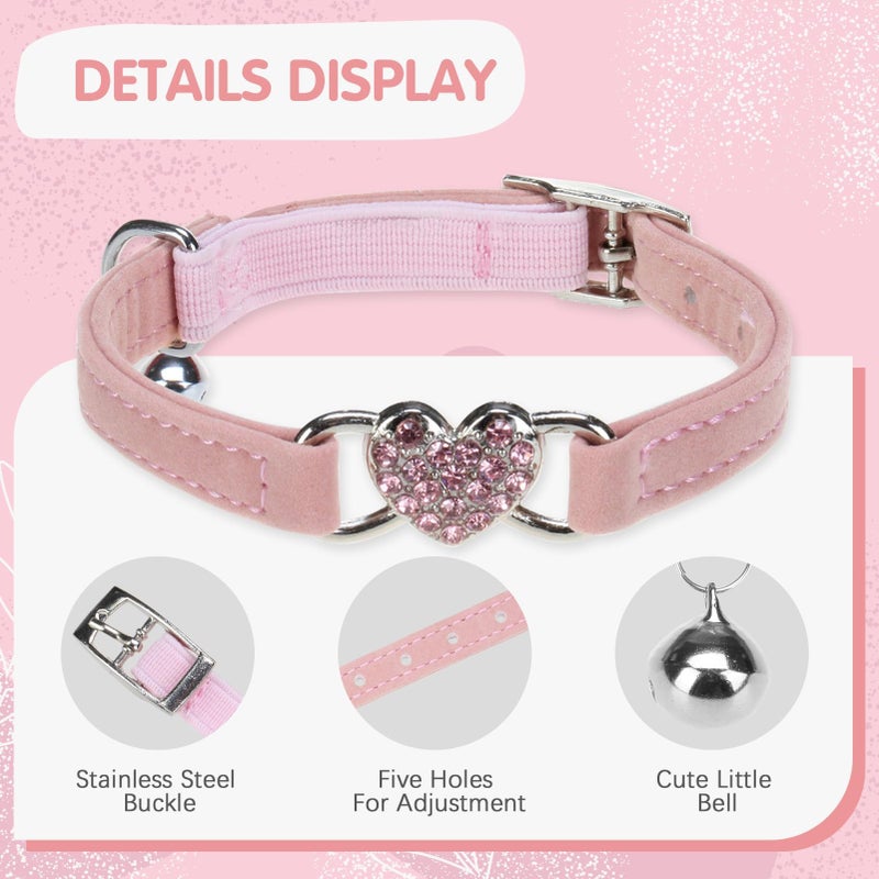 BINGPET Diamond Cat Collar,Adjustable Soft Velvet Leather Safe Kitten Collar with Crystal Heart Charm and Bells,Girl Boy Bling Stylish Cat Collars with Safety Elastic (Pink, Neck Girth 8"-10") - Image 5